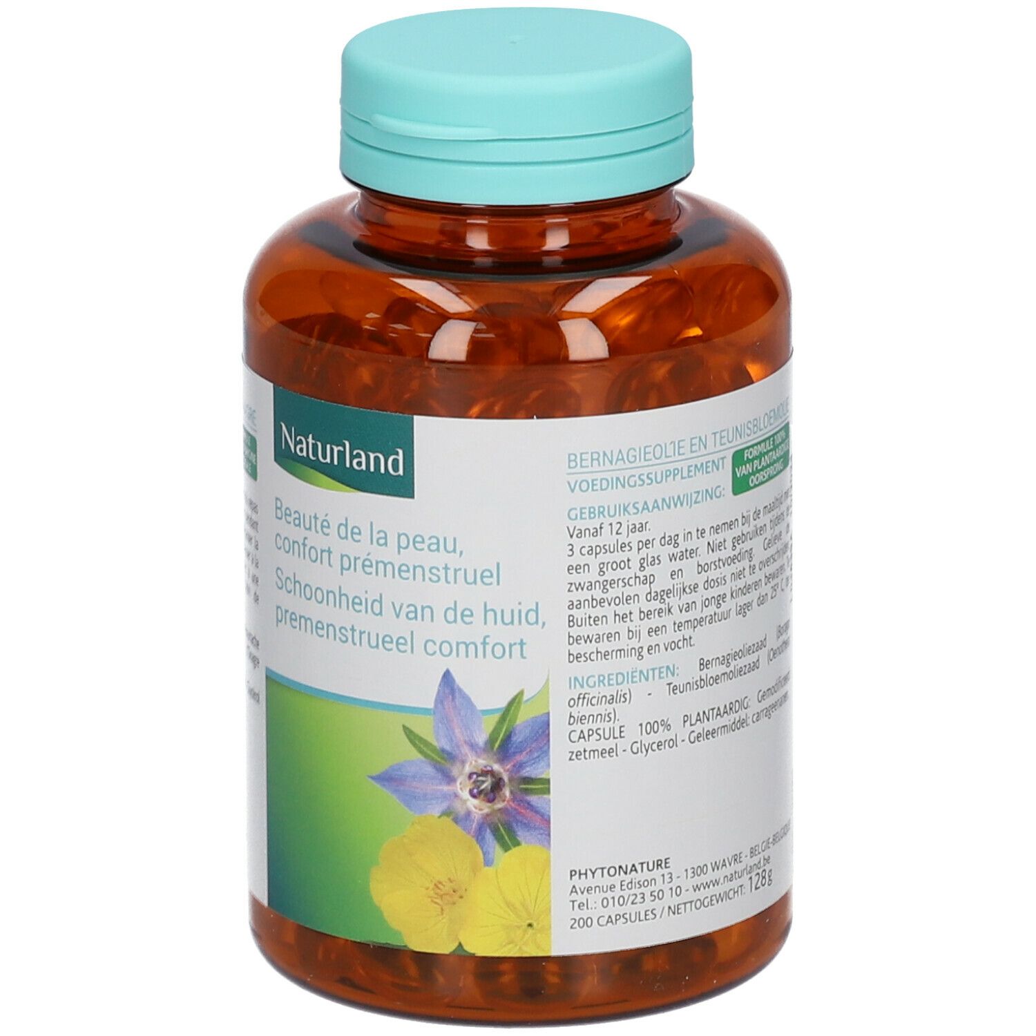 Flacon brun avec capsules. Inscription : Naturland, Beauté de la peau, confort prémenstruel. Flacon avec bouchon bleu.