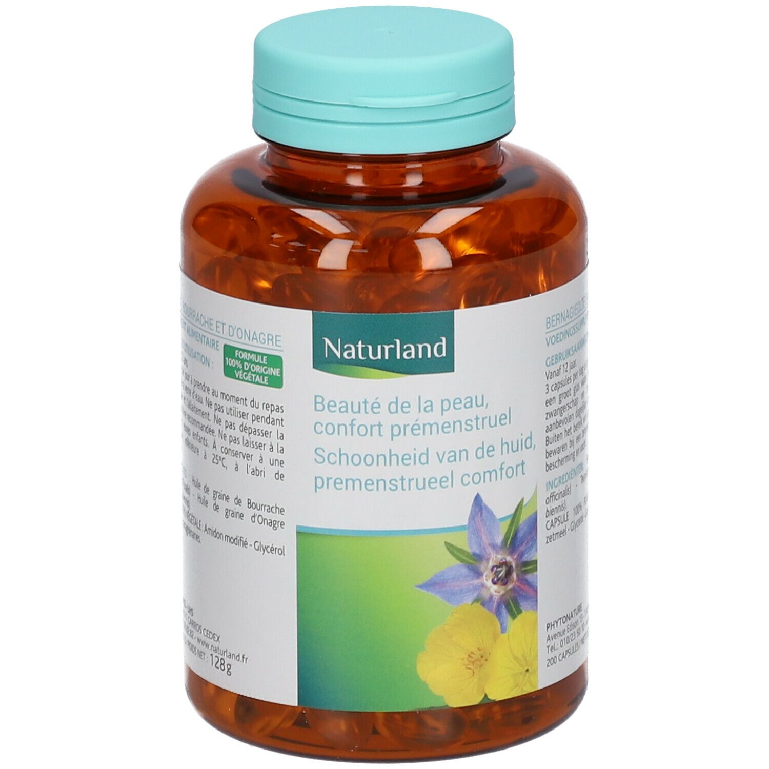 Flacon brun avec capsules. Inscription : Naturland, Beauté de la peau, confort prémenstruel. Flacon avec bouchon bleu.