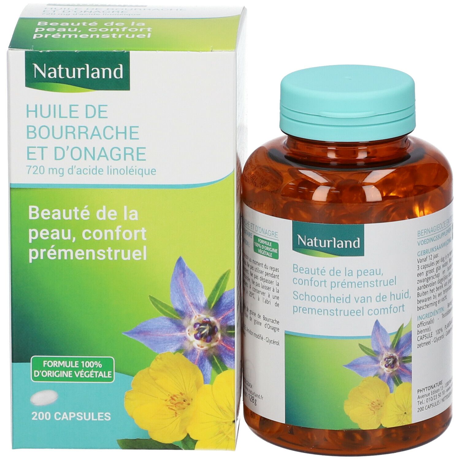 Flacon brun et boîte. Inscription : Naturland, Huile de bourrache et d'onagre. 200 capsules. Flacon avec bouchon bleu.