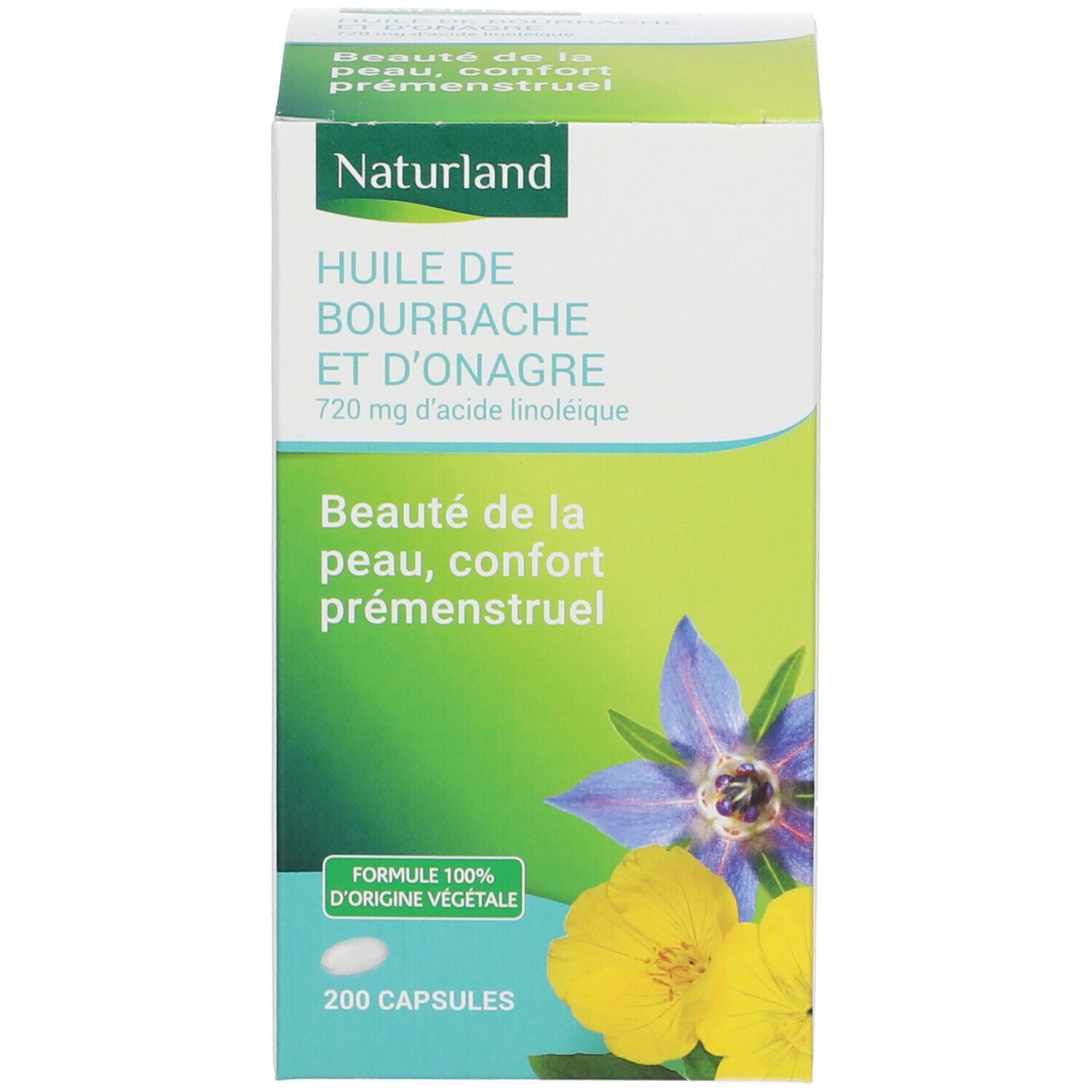 Boîte avec inscription : Naturland, Huile de bourrache et d'onagre. 200 capsules. Avec fleurs bleues et jaunes.