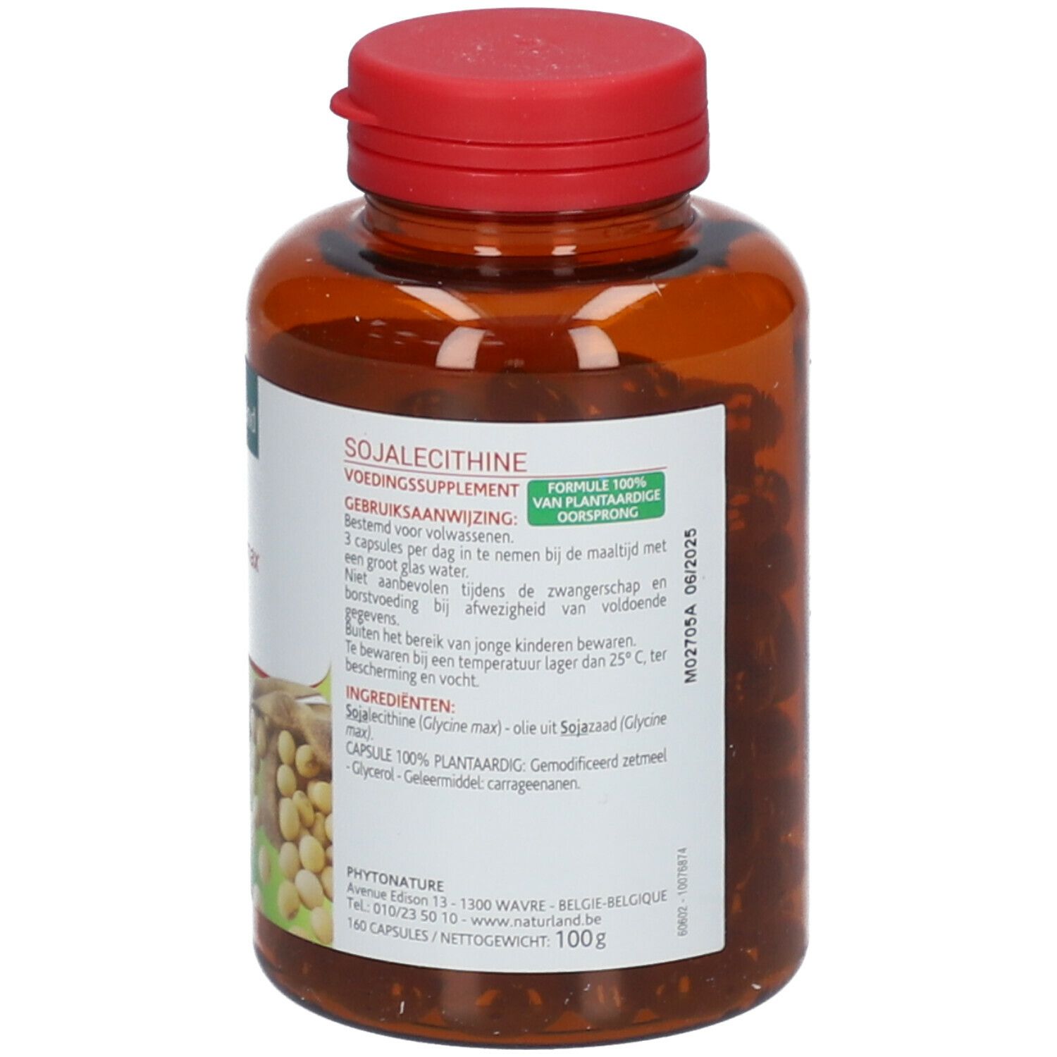 Flacon brun à bouchon rouge. Étiquette blanche avec texte: Sojalecithine, 160 gélules, 100g. Logo Naturland. DDM 06/2025.