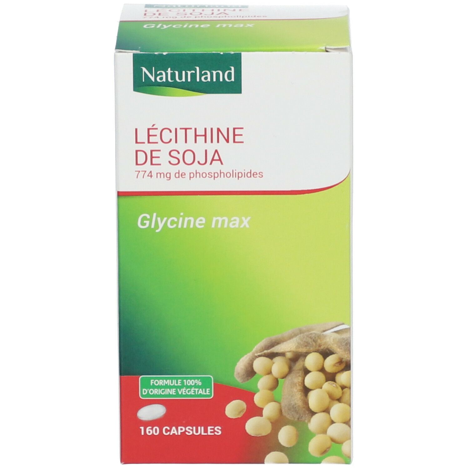 Boîte verte avec texte blanc: Lécithine de Soja, Glycine max. 160 gélules. Illustration de soja. Logo Naturland.