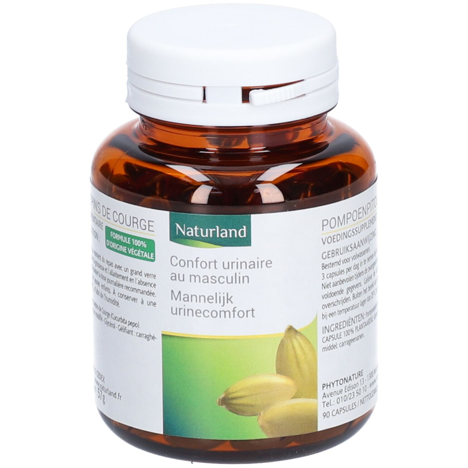 Braune Kapseln in einer braunen Flasche mit weißem Deckel. Aufschrift: Naturland, Confort urinaire au masculin, Mannelijk urinecomfort.