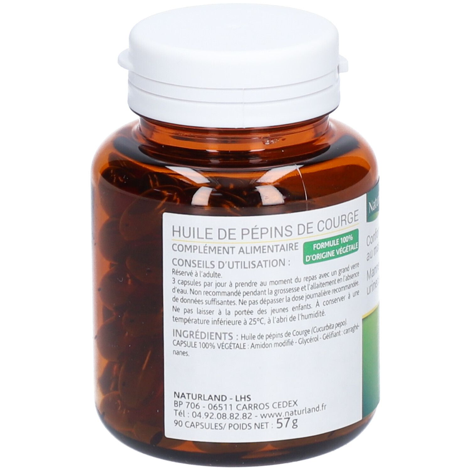 Braune Flasche mit weißem Deckel. Etikett mit Text: Huile de pépins de courge, 100% origine végétale, 90 capsules, 57g.