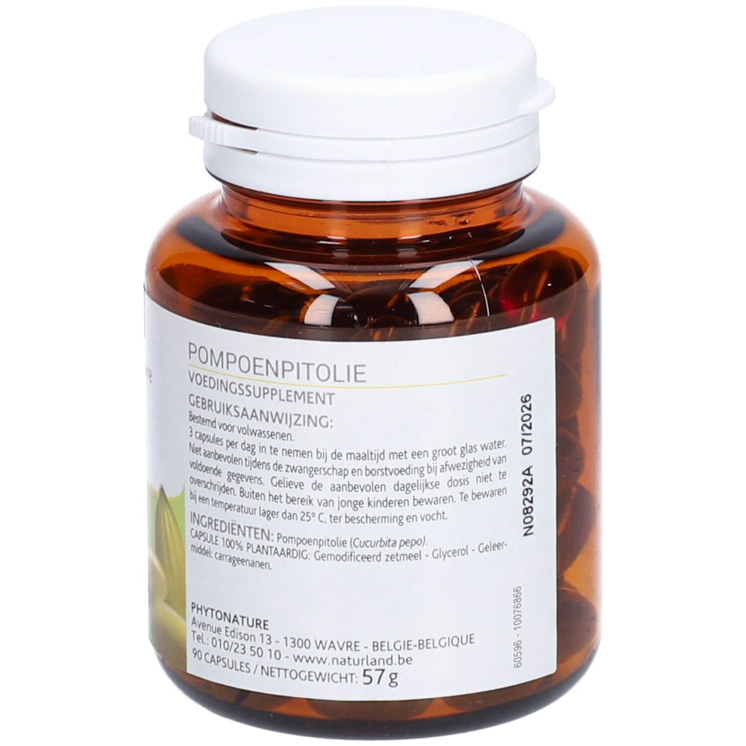 Braune Flasche mit weißem Deckel. Etikett mit Text: Pompoenpitolie, Voedingssupplement, 90 capsules, 57g. Aufschrift: 07/2026.