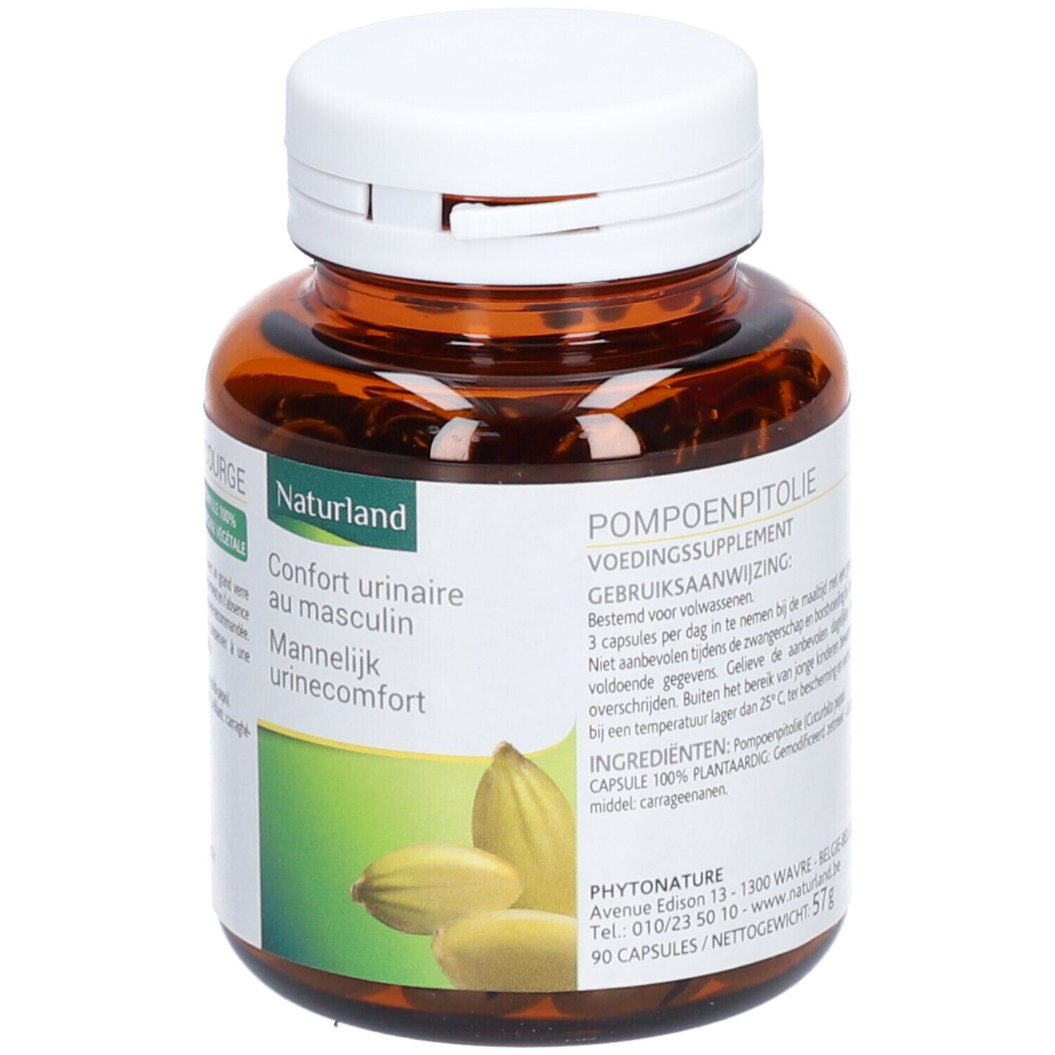 Braune Flasche mit weißem Deckel. Etikett mit Text: Naturland, Confort urinaire au masculin, Mannelijk urinecomfort, 90 capsules, 57g.