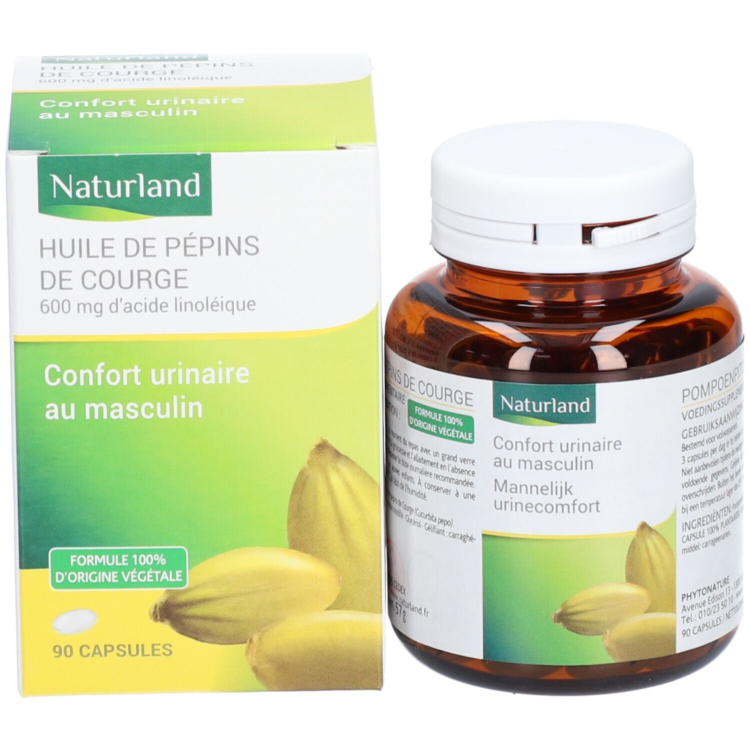 Braune Flasche und Schachtel. Aufschrift: Naturland, Huile de pépins de courge, Confort urinaire au masculin, 90 capsules.