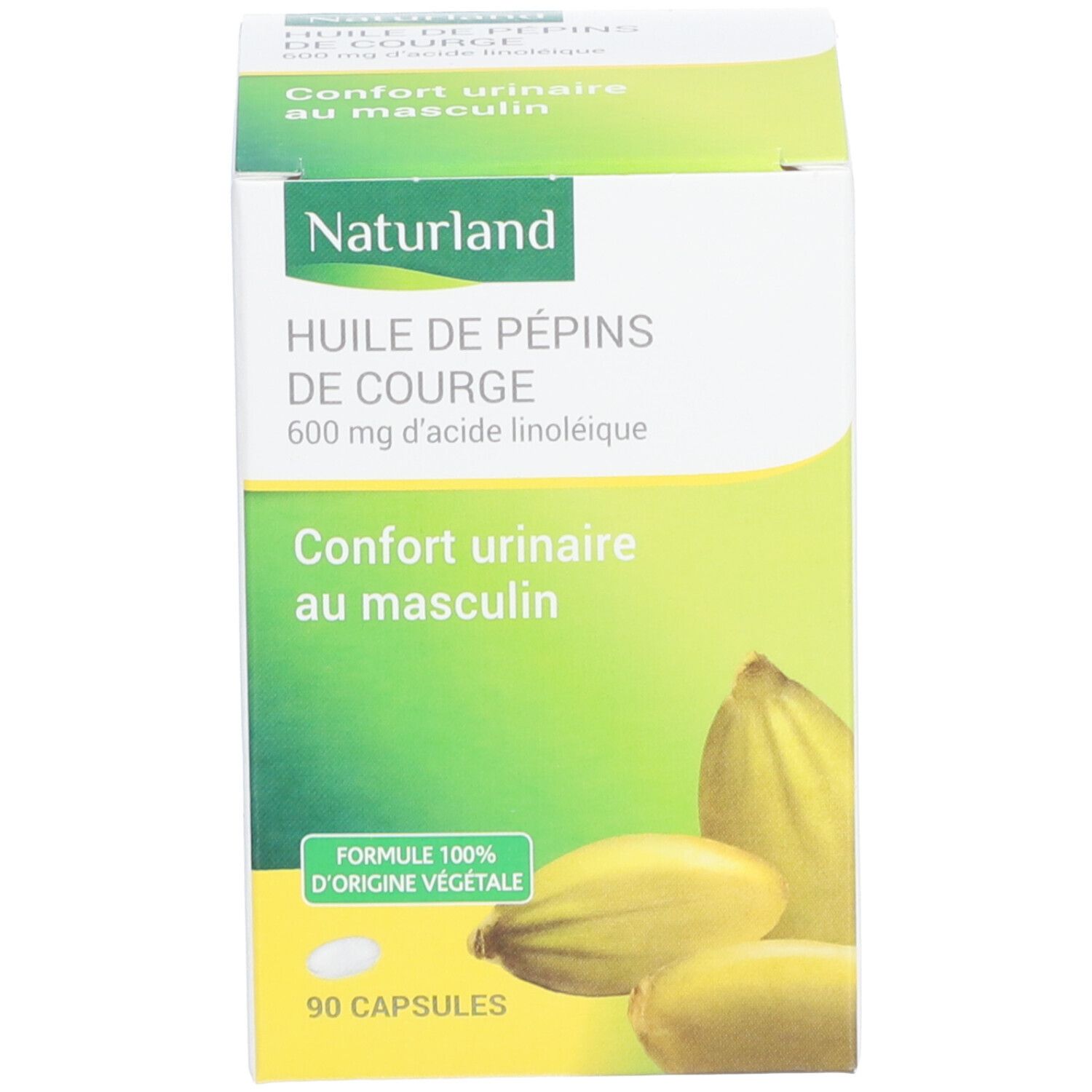 Weiße Schachtel mit Text: Naturland, Huile de pépins de courge, Confort urinaire au masculin, 90 capsules.
