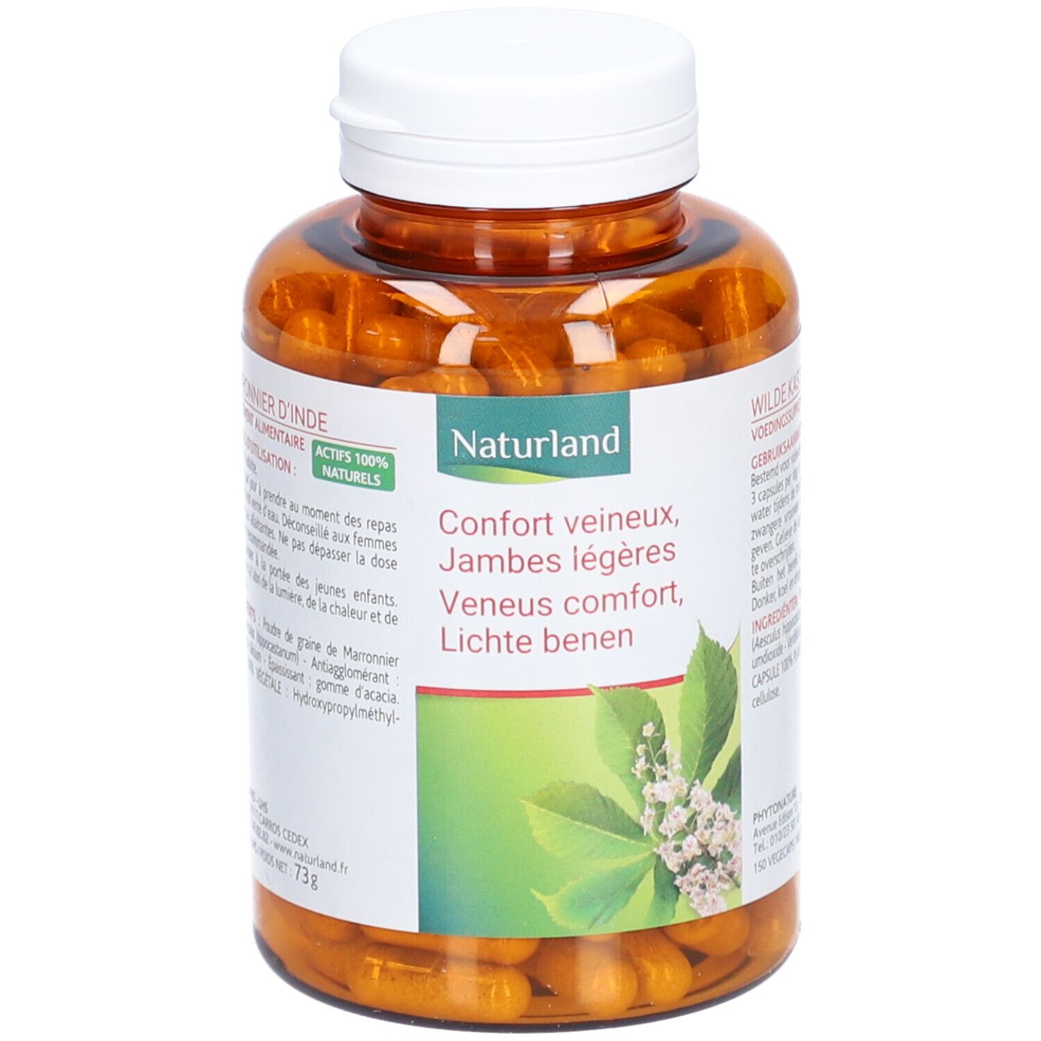 Flacon marron avec capsules. Inscription: Naturland, Confort veineux, Jambes légères, Veneus comfort, Lichte benen. Bouchon blanc.
