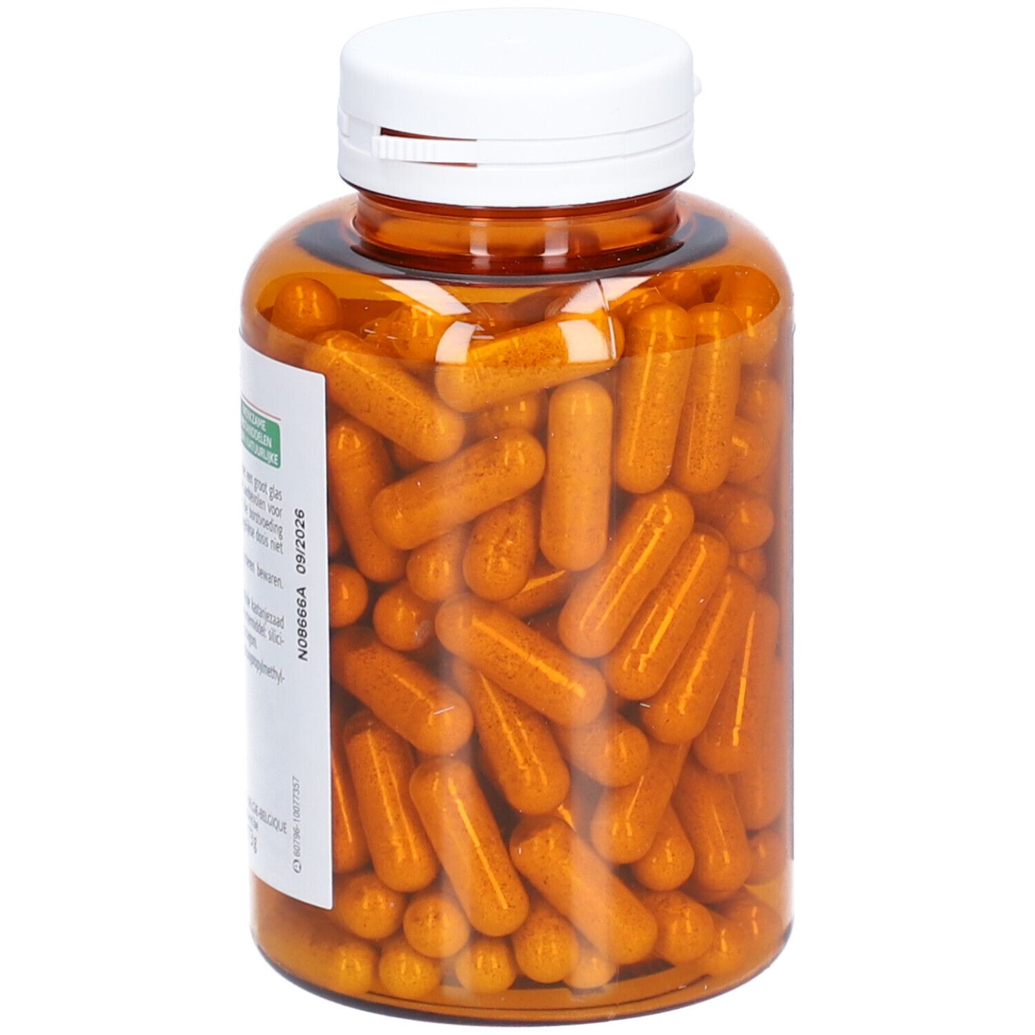 Capsules brunes dans un flacon marron avec bouchon blanc. Inscription: N8666A 09/2026. Flacon partiellement rempli de capsules.