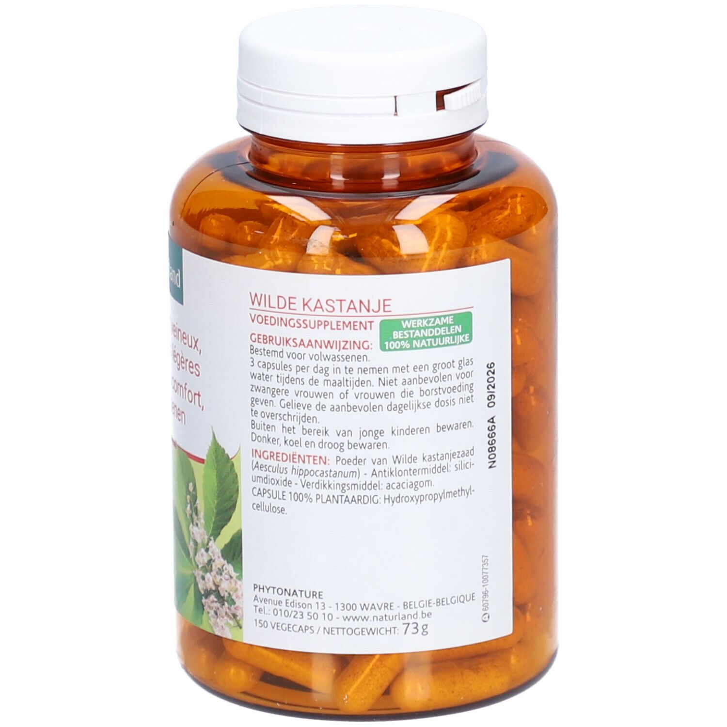 Capsules brunes dans un flacon marron avec bouchon blanc. Inscription: Wilde Kastanje, Voedingssupplement. Liste des ingrédients.