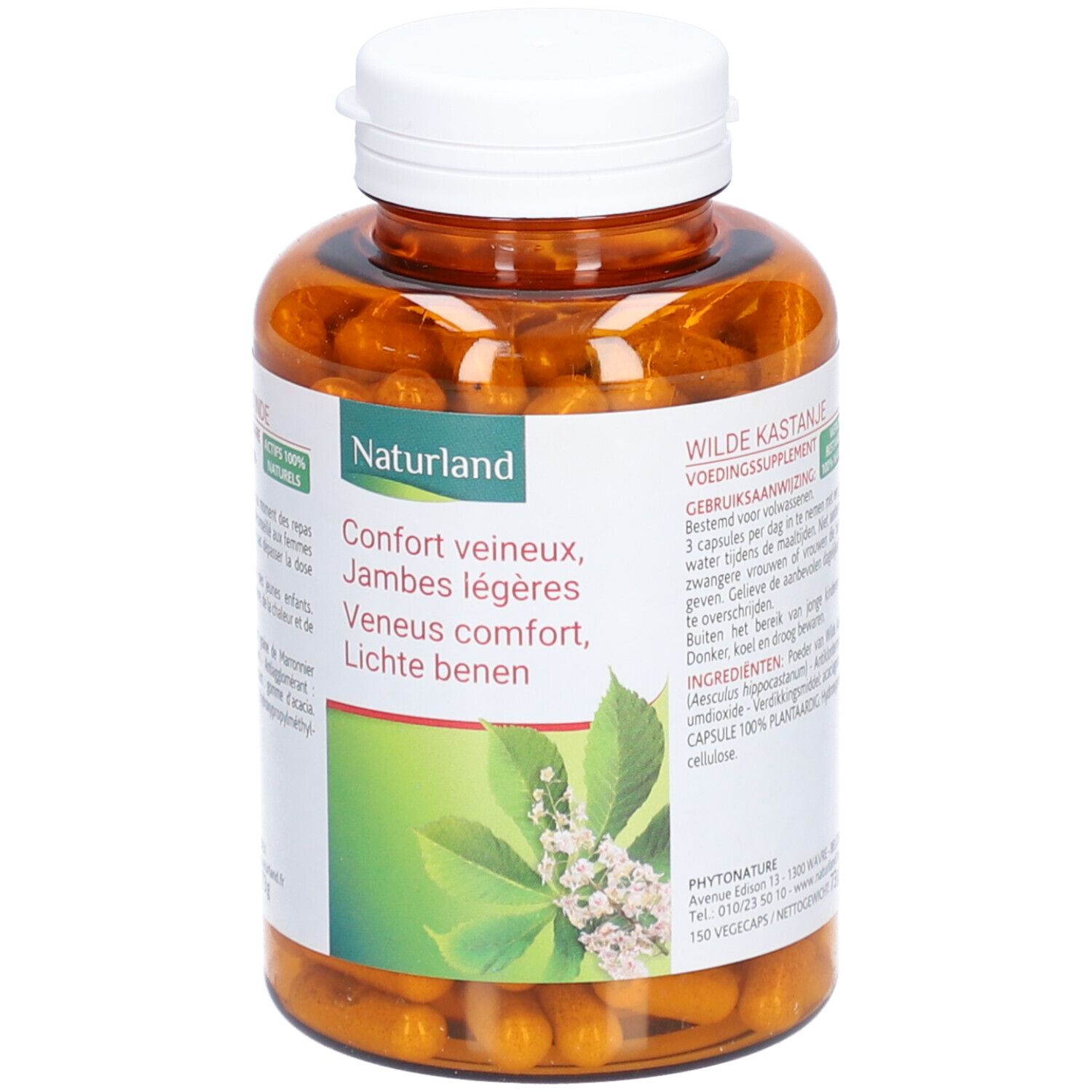 Flacon marron avec capsules. Inscription: Naturland, Confort veineux, Jambes légères, Veneus comfort, Lichte benen. Bouchon blanc.