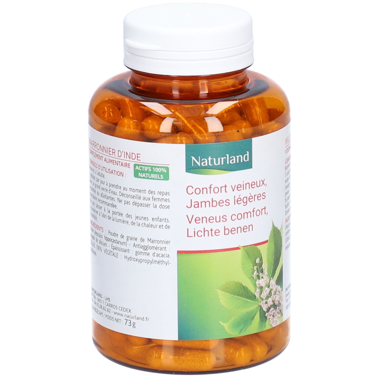 Flacon marron avec capsules. Inscription: Marronnier d'Inde, complément alimentaire. Naturland. Bouchon blanc.