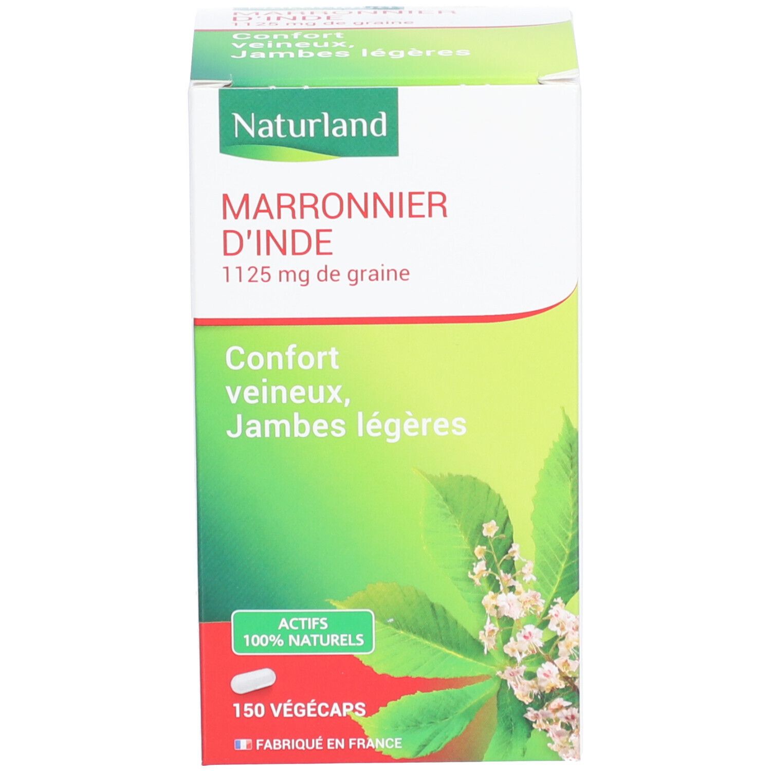 Boîte verte. Inscription: Naturland, Marronnier d'Inde, Confort veineux, Jambes légères, 150 Végécaps. Aktifs 100% naturels.