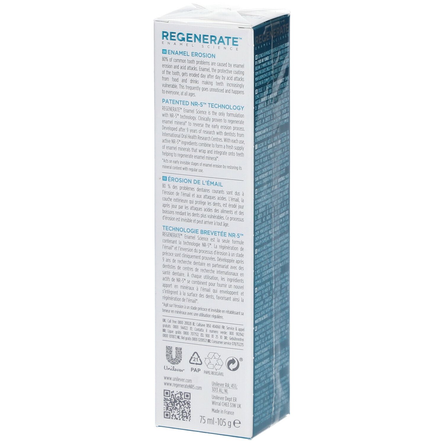 Emballage de dentifrice blanc avec texte bleu. Contient des informations sur l'émail.