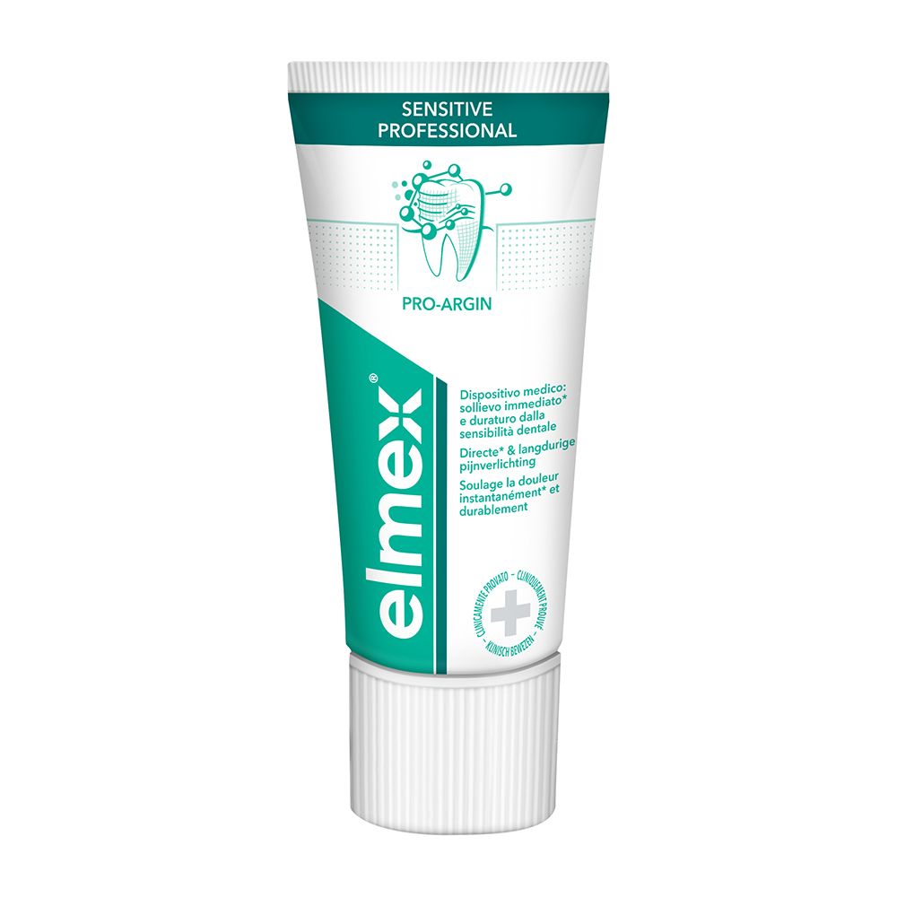 Zahnpasta-Tube. Marke: elmex® SENSITIVE PROFESSIONAL™. Text: PRO-ARGIN. Medizinprodukt. Weiße Tube mit grünem Deckel.