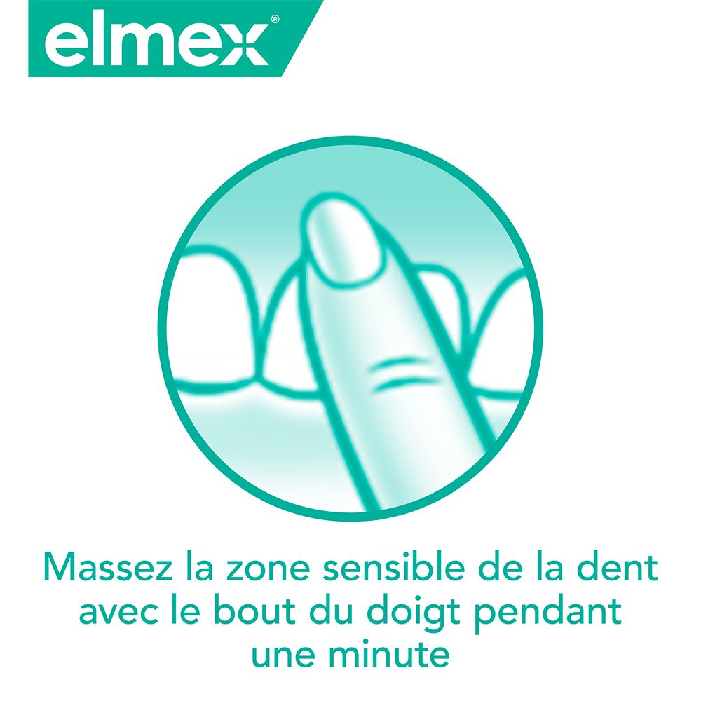 Grafik: Finger massiert Zahn. Text: Massieren Sie die empfindliche Zone des Zahns mit der Fingerspitze für eine Minute.