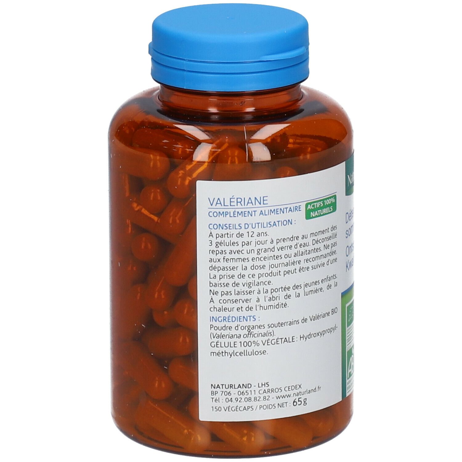 Flacon transparent avec gélules marron. Étiquette multilingue. Logo Naturland.