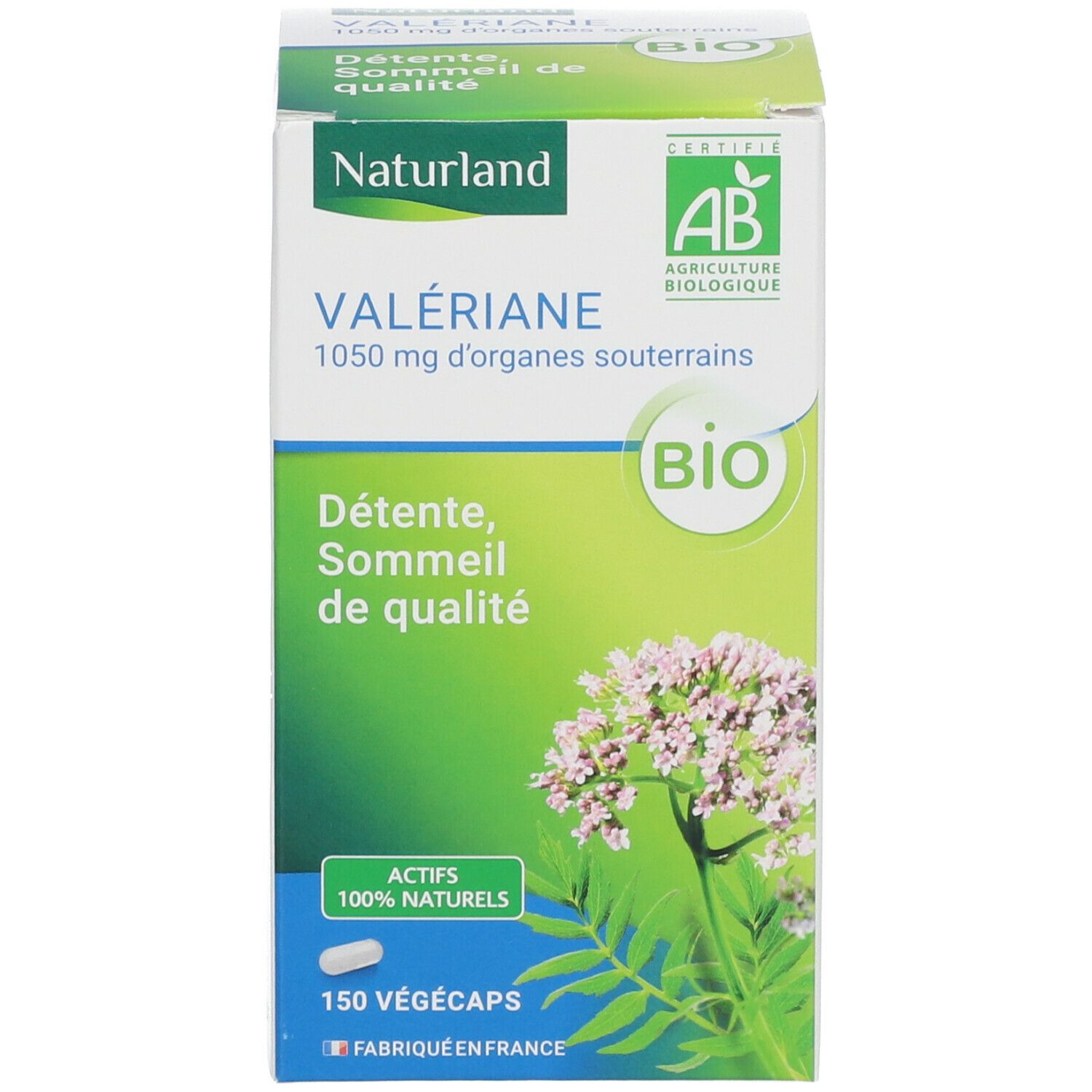 Boîte verte avec texte et label AB Bio. Logo Naturland et nom du produit.