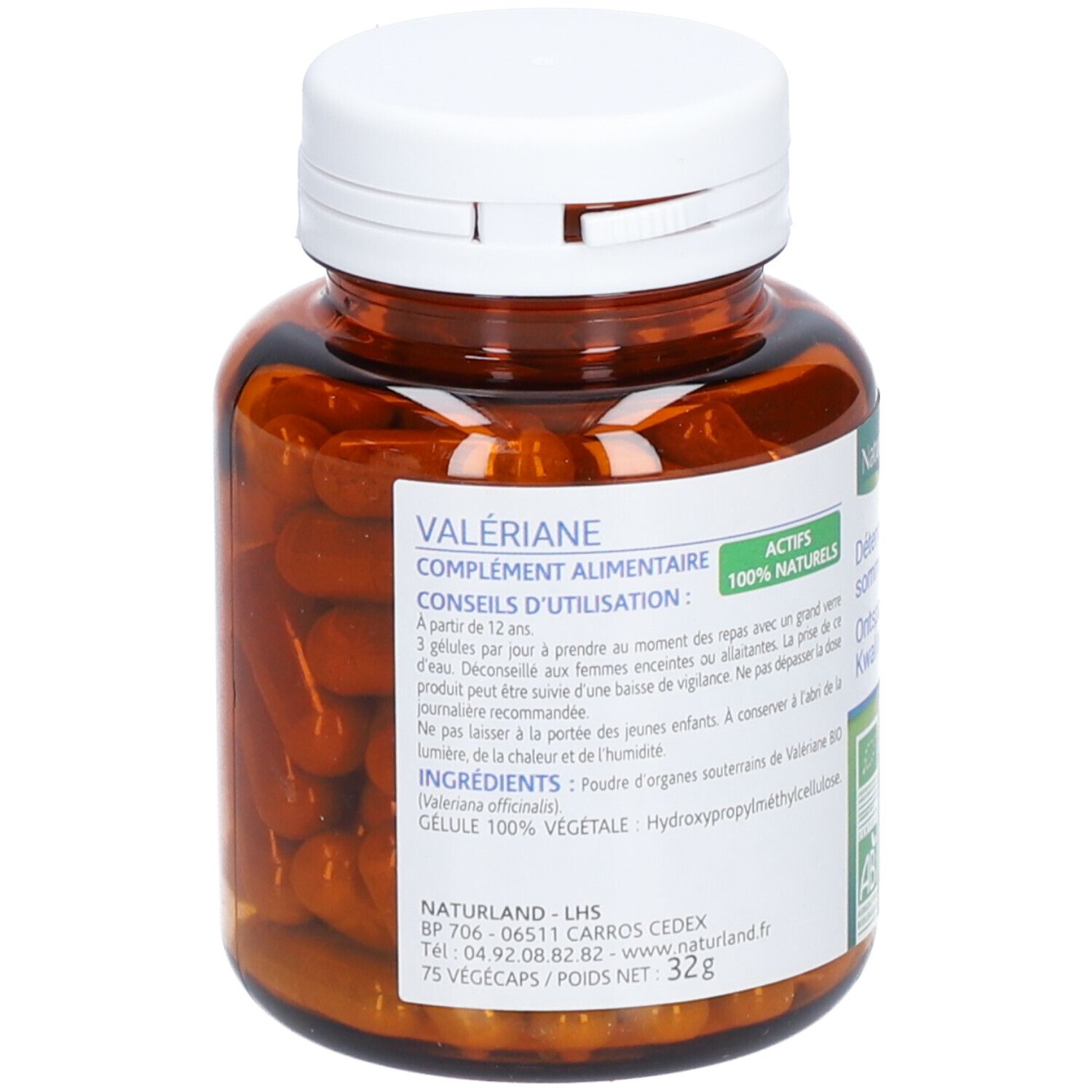Gélules brunes dans un flacon brun avec bouchon blanc. Inscription: Valériane, complément alimentaire. 100% végétale.