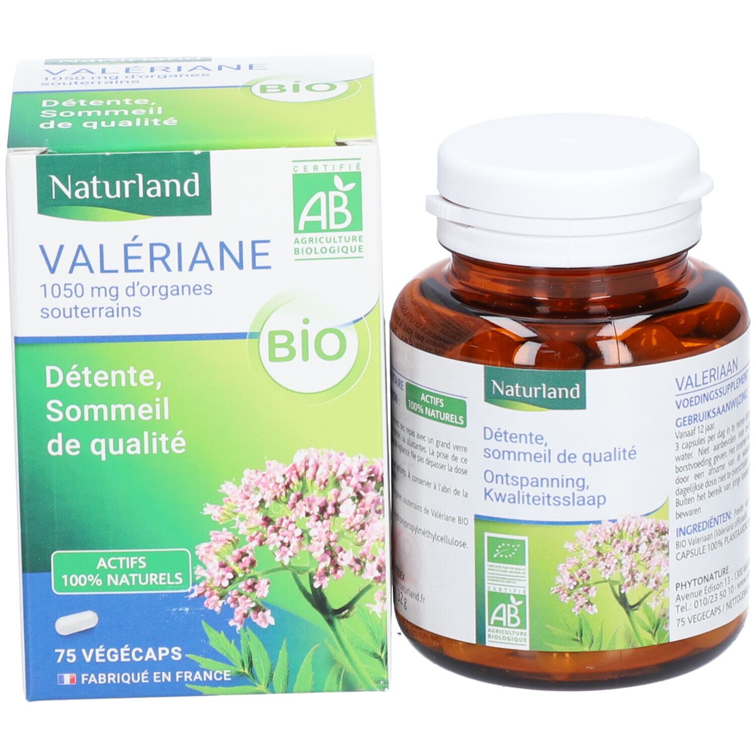 Boîte et flacon. Inscription: Naturland, Valériane Bio, Détente, sommeil de qualité. 75 Végécaps. Label bio.