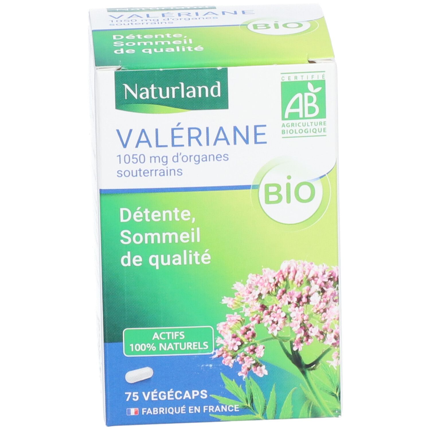 Boîte verte. Inscription: Naturland, Valériane Bio, Détente, sommeil de qualité. 75 Végécaps. Label bio.