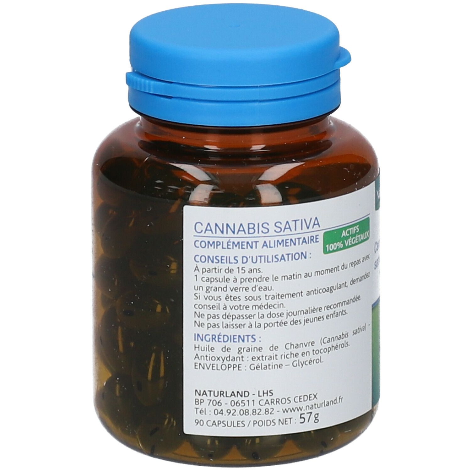 Flacon brun à bouchon bleu, contenant des gélules. Étiquette Cannabis Sativa et conseils d'utilisation.