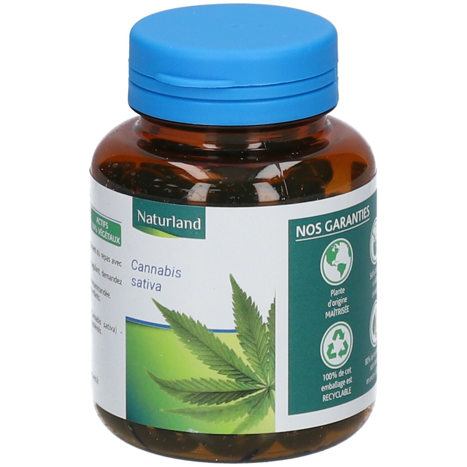 Flacon brun à bouchon bleu. Étiquette Naturland, Cannabis Sativa et logos de durabilité.