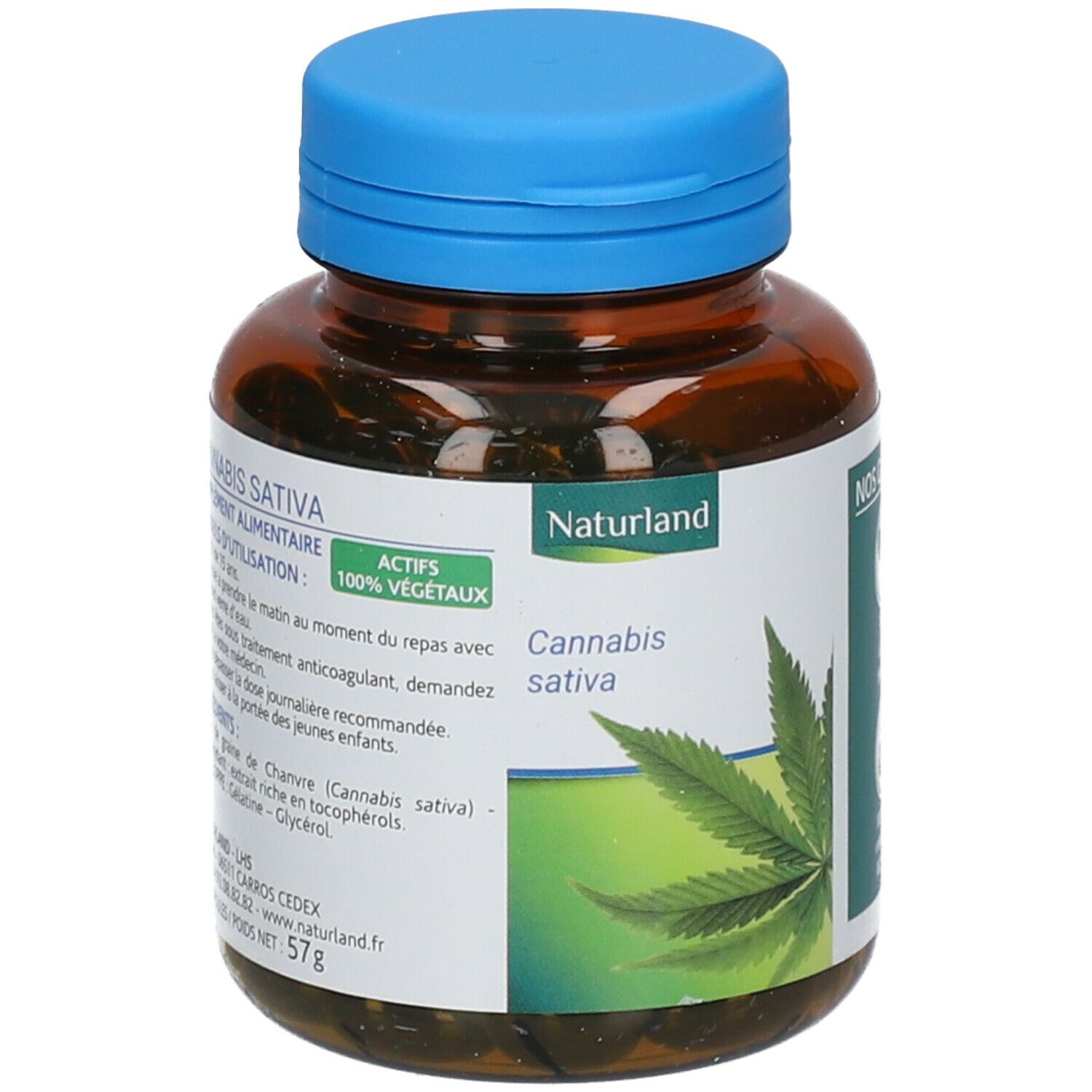 Flacon brun à bouchon bleu. Étiquette Naturland, Cannabis Sativa et actifs 100% végétaux.
