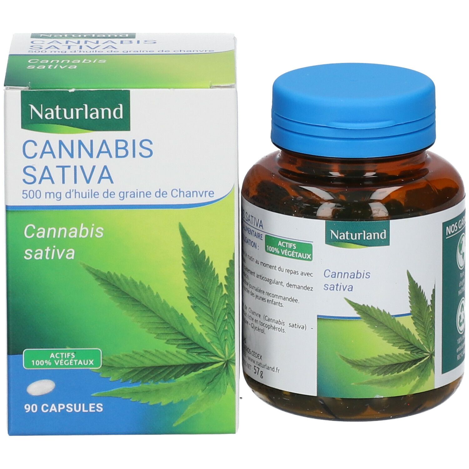 Emballage produit avec flacon et boîte. Sur la boîte : Naturland, Cannabis Sativa, 90 gélules.