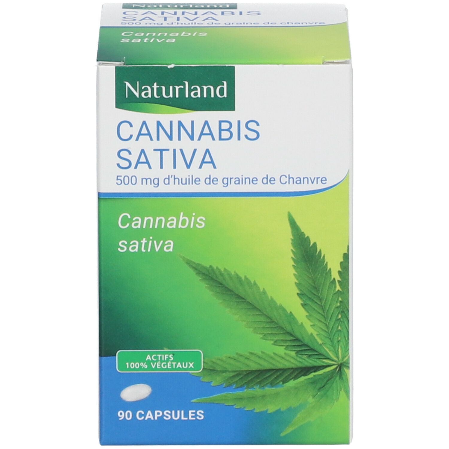 Boîte blanche avec bouchon bleu. Impression : Naturland, Cannabis Sativa, 90 gélules, 500 mg huile de chanvre.