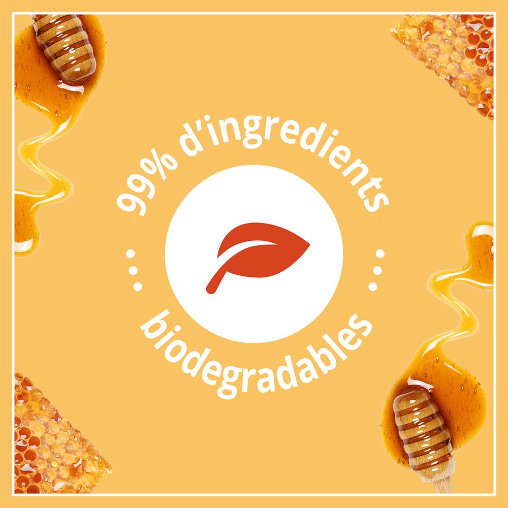 99% biologisch abbaubare Inhaltsstoffe. Rotes Blatt im Kreis. Text: 99% d'ingrédients biodégradables.
