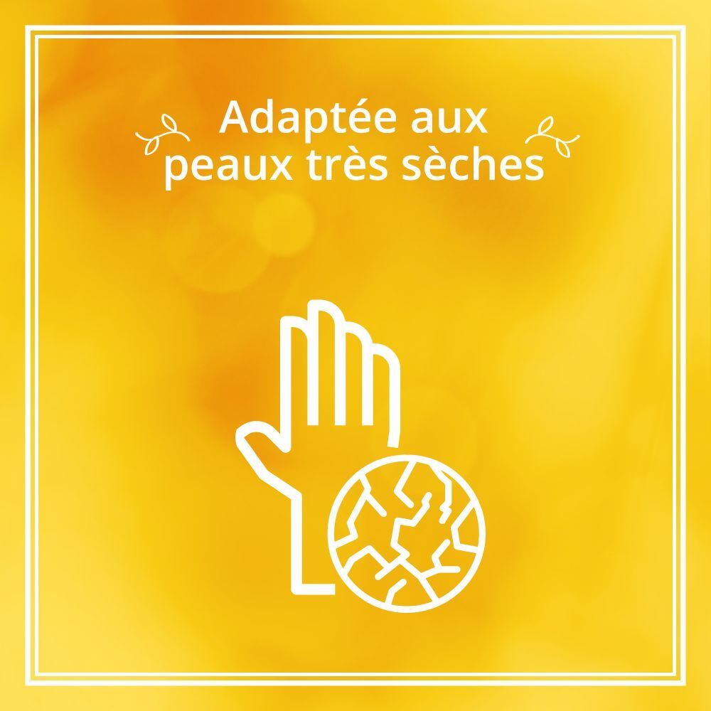 Fond jaune avec icône de main blanche et peau craquelée. Texte: Adaptée aux peaux très sèches.