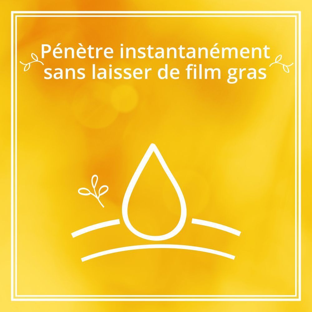 Fond jaune avec icône de goutte. Texte: Pénètre instantanément sans laisser de film gras.