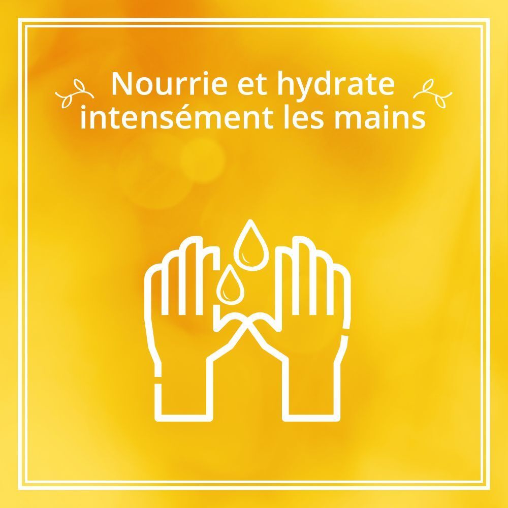 Fond jaune avec icône de mains et gouttes d'eau. Texte: Nourrie et hydrate intensément les mains.