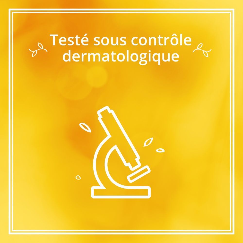 Fond jaune avec icône de microscope. Texte: Testé sous contrôle dermatologique.