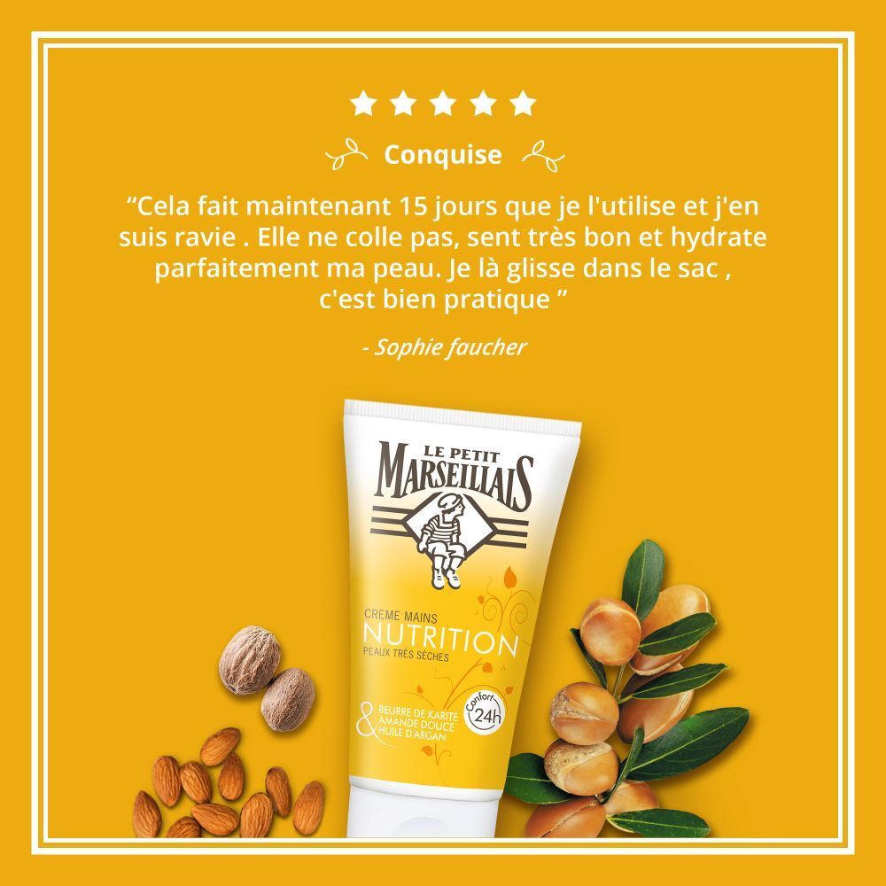 Tube de crème Le Petit Marseillais sur fond jaune. Citations et étoiles. Texte: Cela fait maintenant 15 jours que je l'utilise...