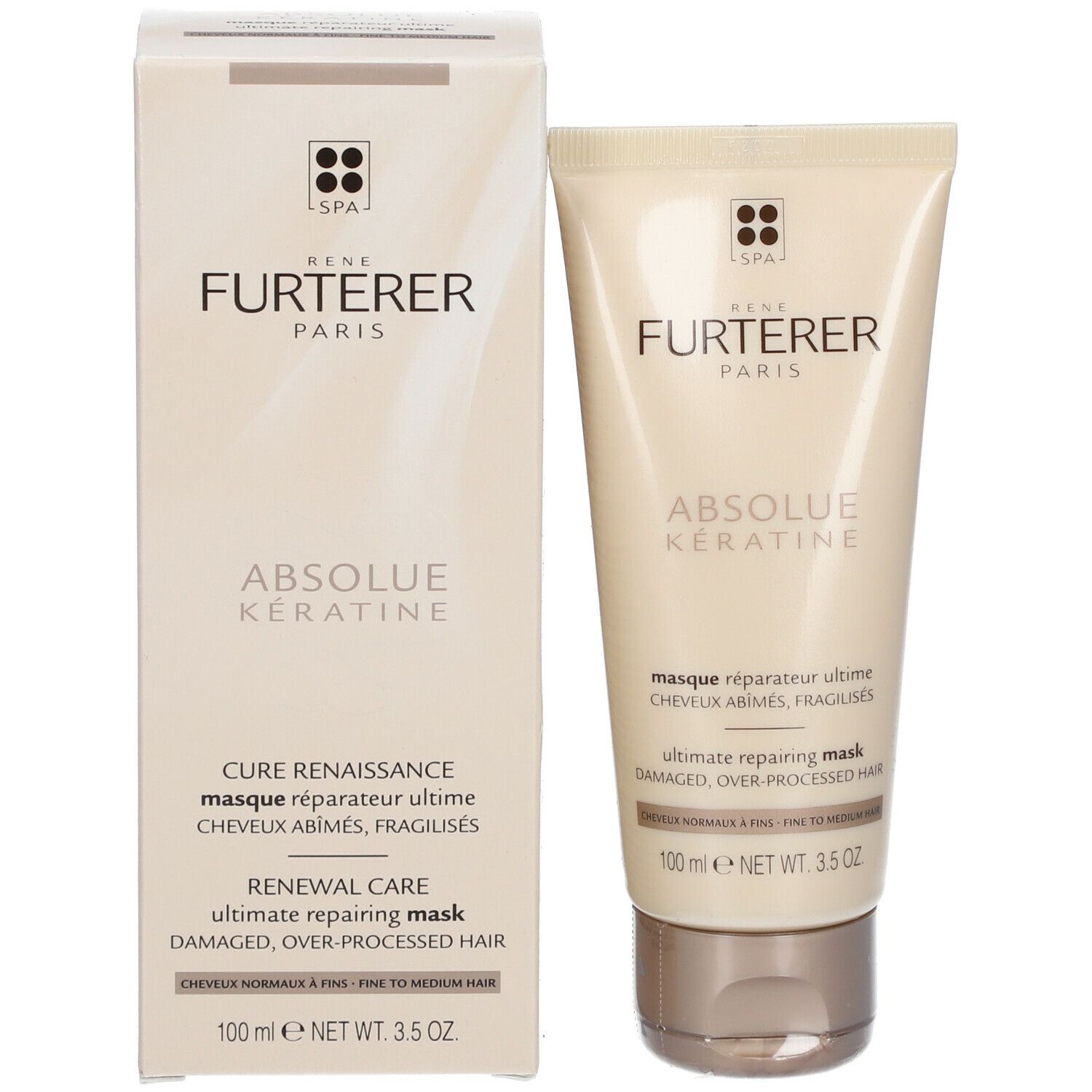 Produit et emballage. Tube et boîte. Texte: ABSOLUE KERATINE, masque réparateur ultime. 100 ml.