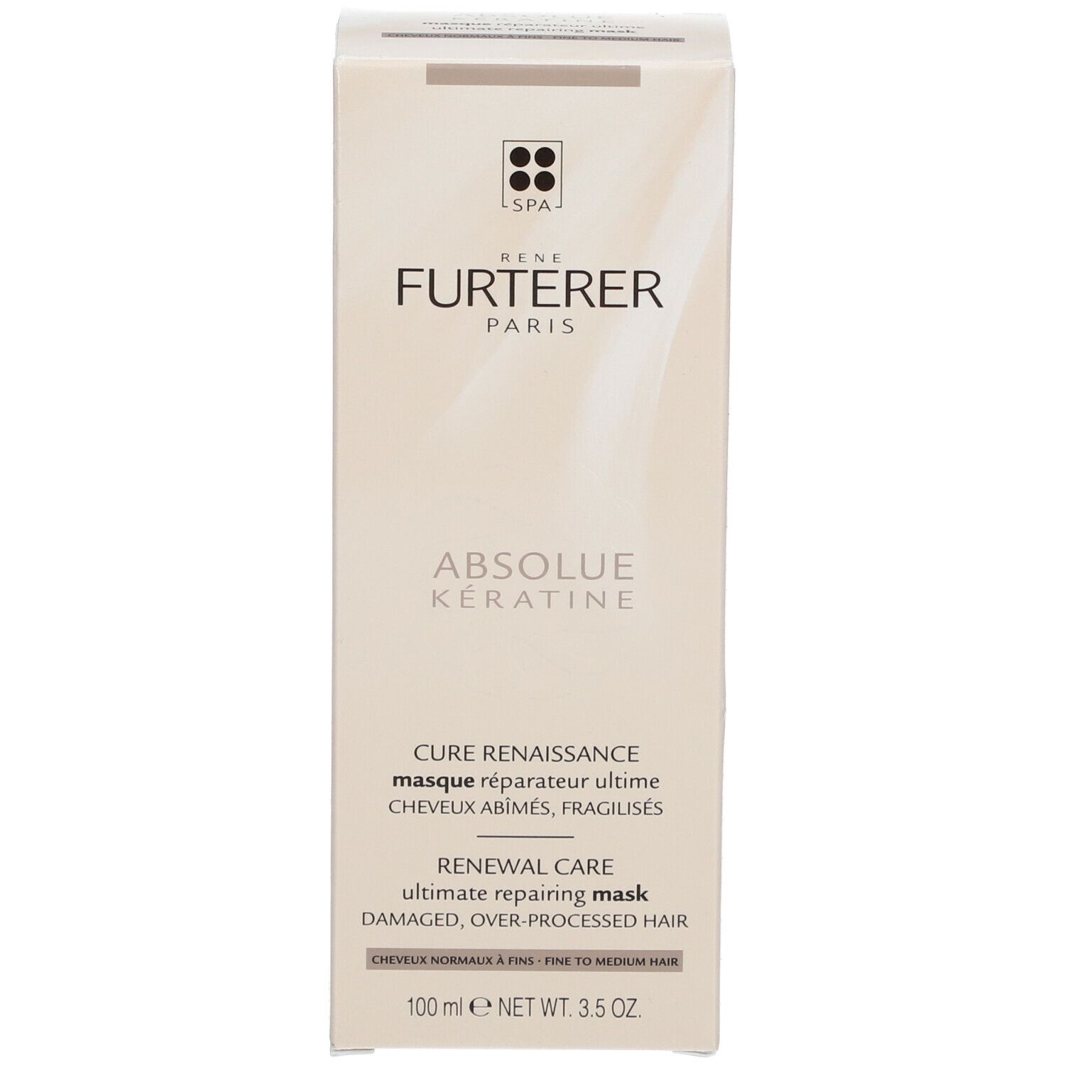 Boîte avec nom et logo du produit. Texte: ABSOLUE KERATINE, masque réparateur ultime. 100 ml.