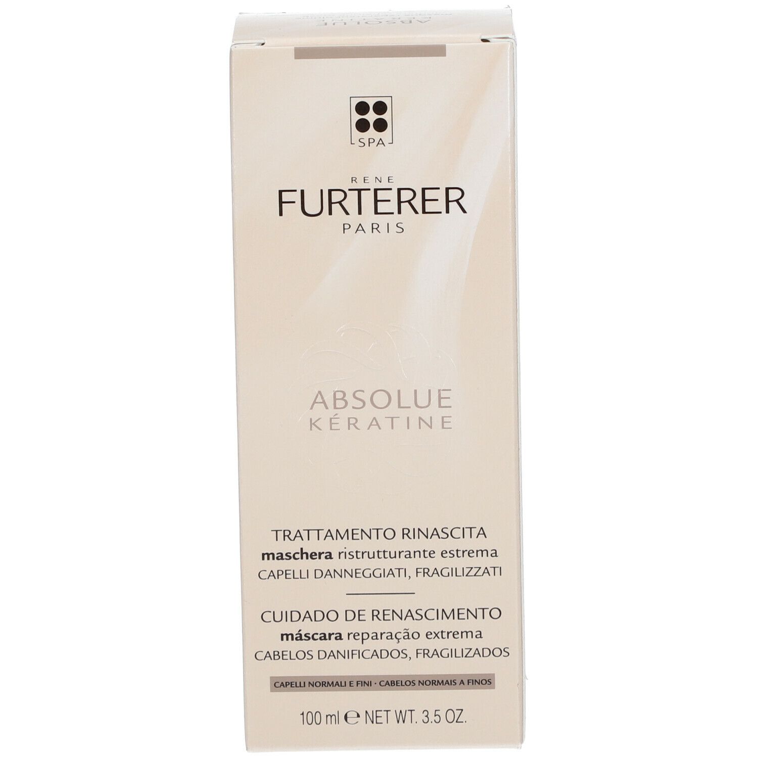 Boîte avec nom et logo du produit. Texte: ABSOLUE KERATINE, traitement. 100 ml.