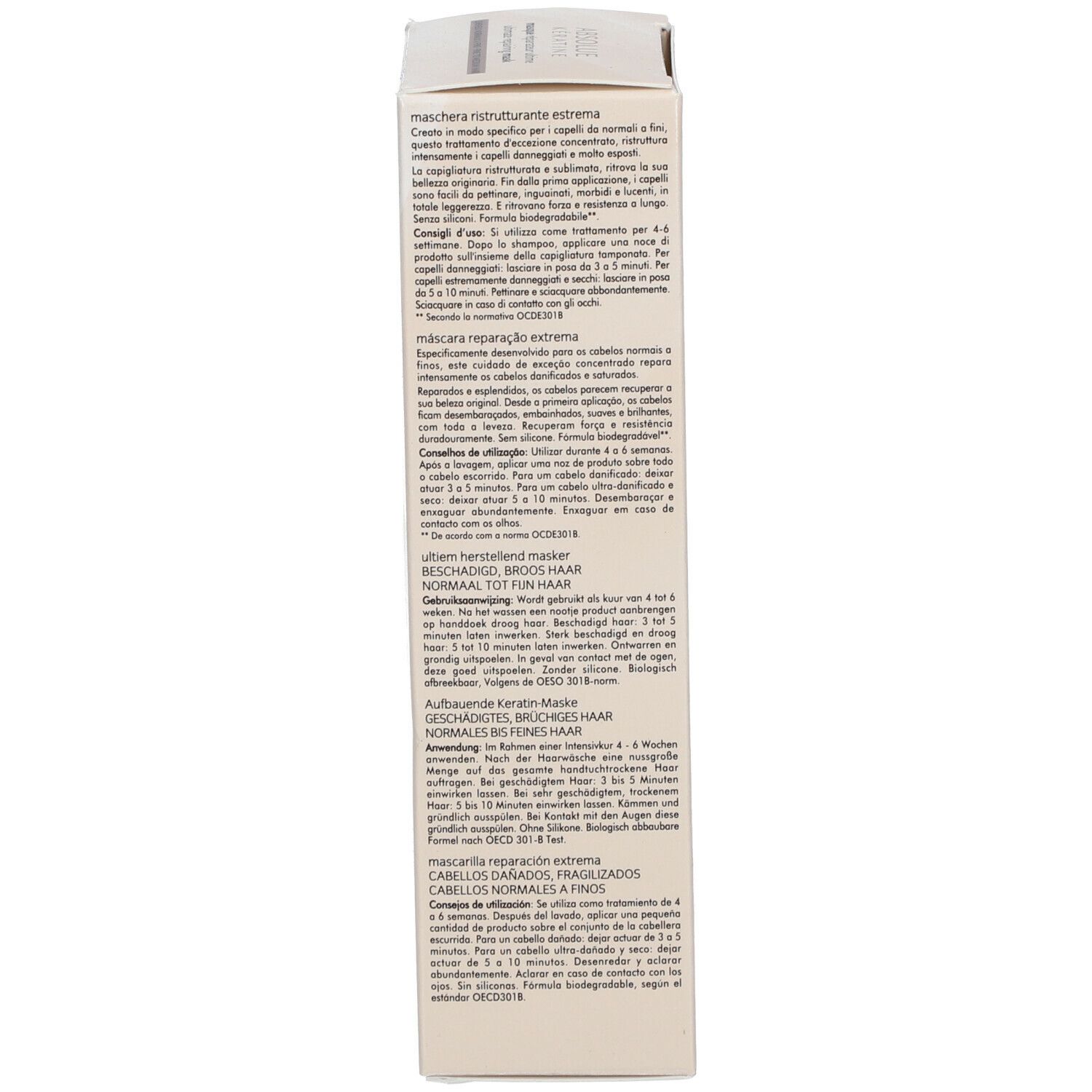 Dos de l'emballage carton. Texte multilingue avec instructions et application.