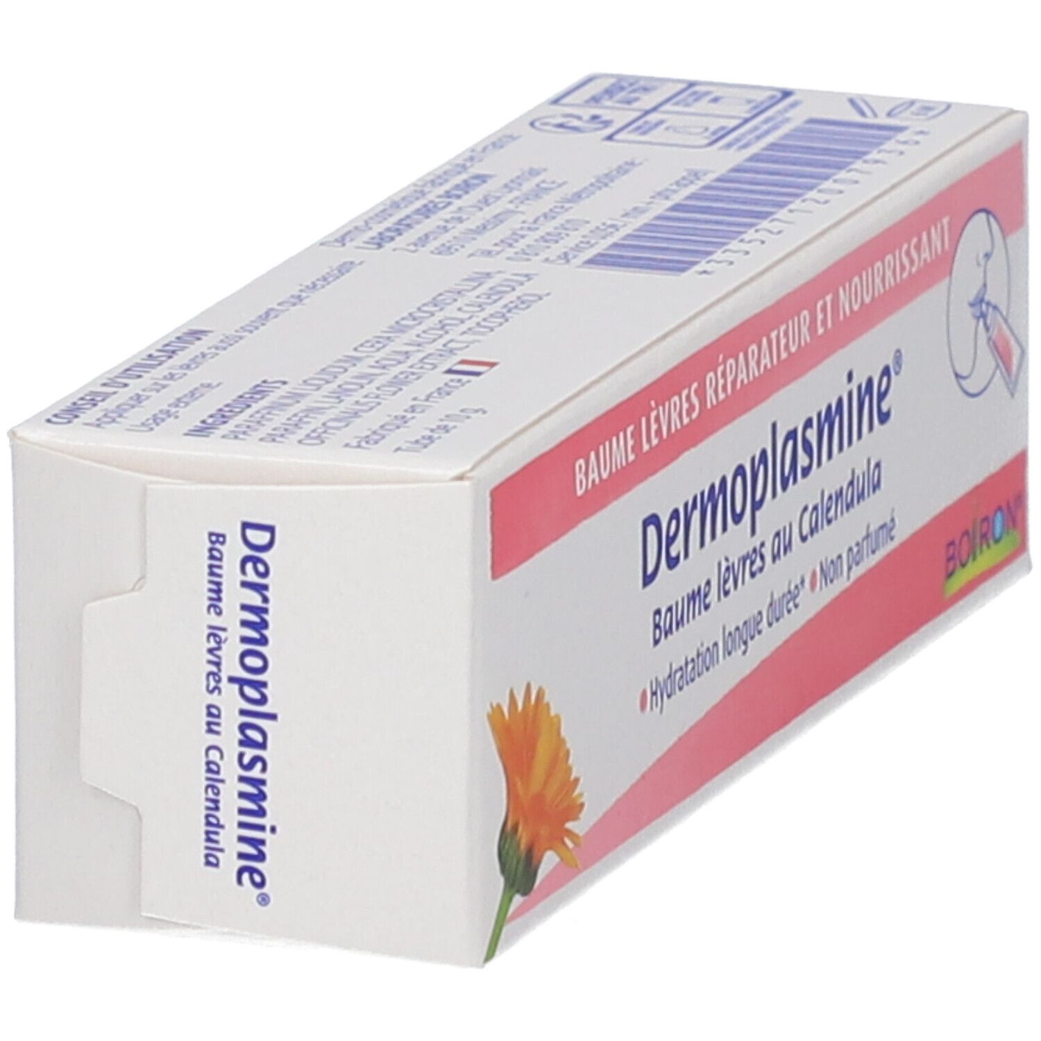 Kartonverpackung von Dermoplasmine® Lippenbalsam mit Calendula. Weiß mit rosa Akzenten, Produktname und Logo deutlich sichtbar.