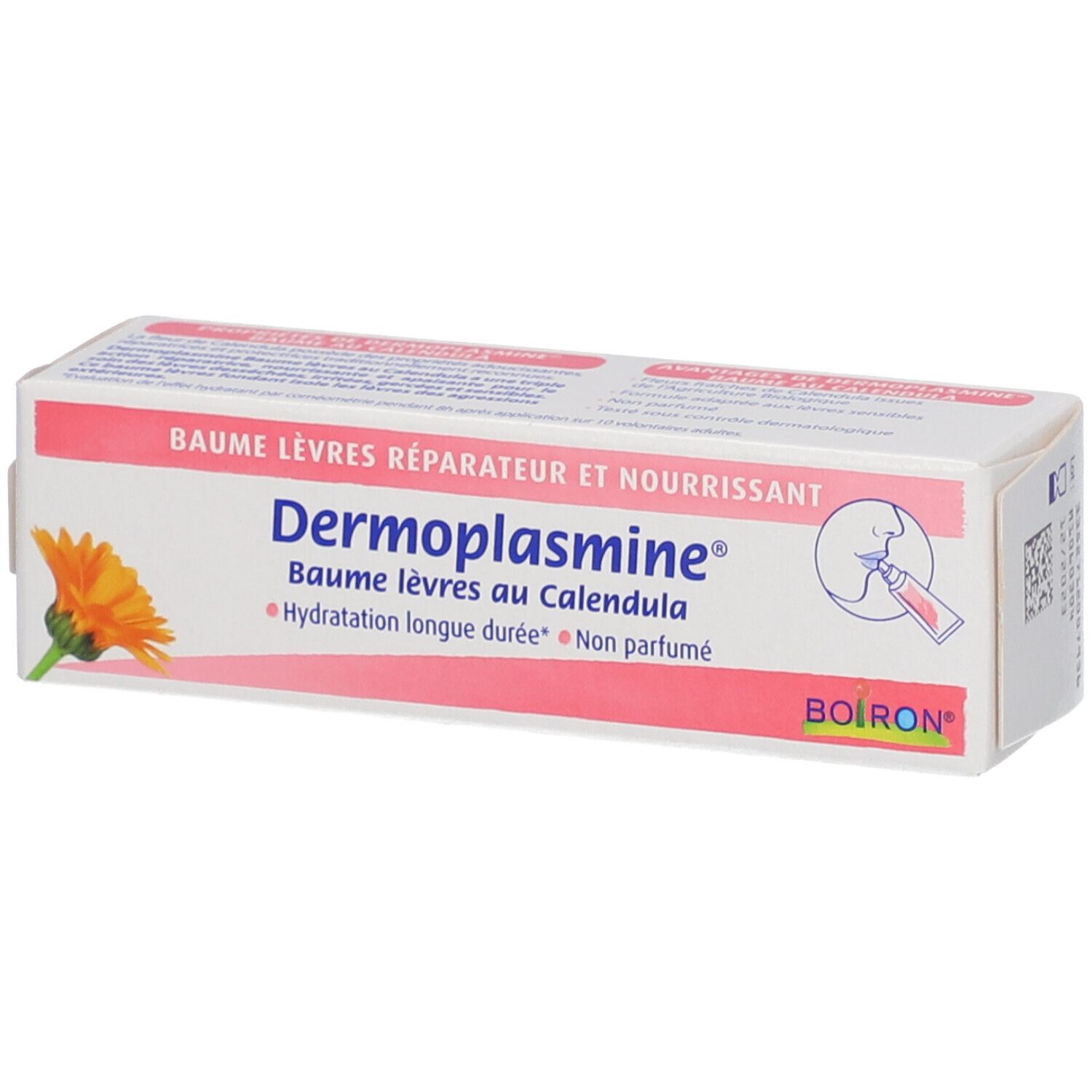 Kartonverpackung von Dermoplasmine® Lippenbalsam mit Calendula. Weiß mit rosa Akzenten, Produktname und Logo deutlich sichtbar.