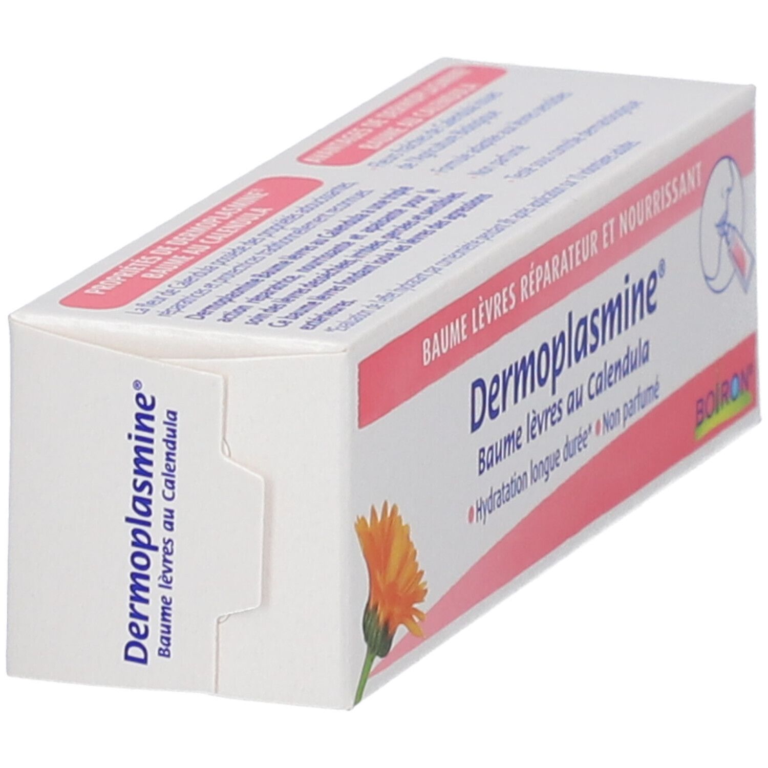 Kartonverpackung von Dermoplasmine® Lippenbalsam mit Calendula. Weiß mit rosa Akzenten, Produktname und Logo deutlich sichtbar.