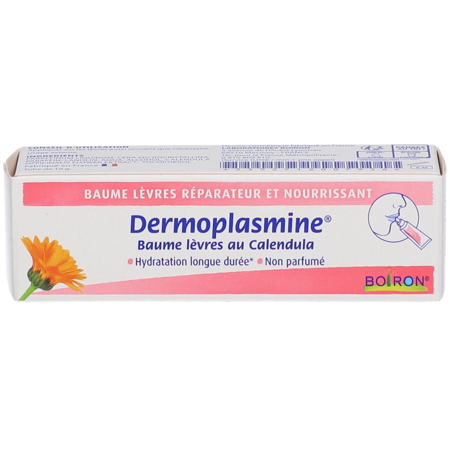 Kartonverpackung von Dermoplasmine® Lippenbalsam mit Calendula. Weiß mit rosa Akzenten, Produktname und Logo deutlich sichtbar.