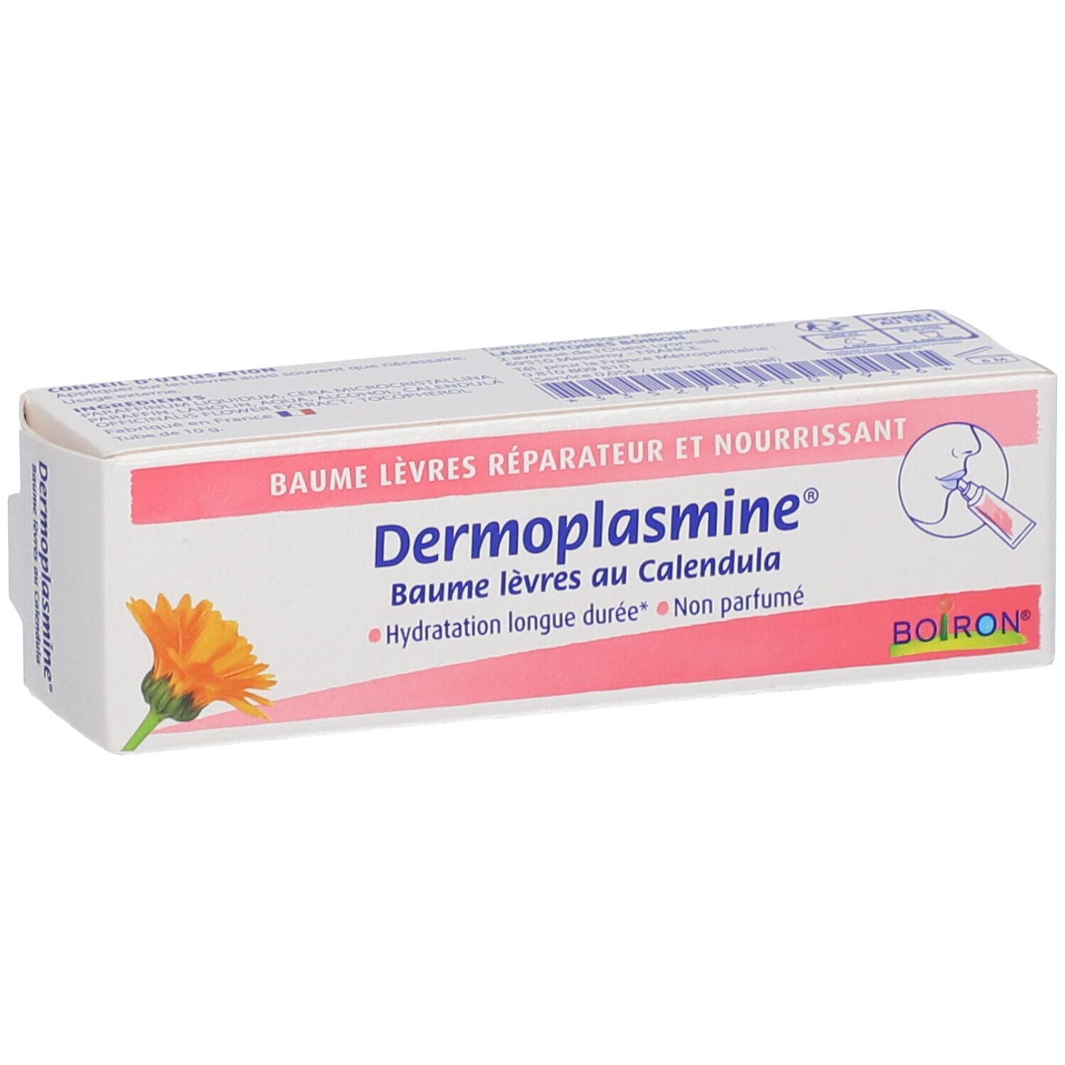 Kartonverpackung von Dermoplasmine® Lippenbalsam mit Calendula. Weiß mit rosa Akzenten, Produktname und Logo deutlich sichtbar.
