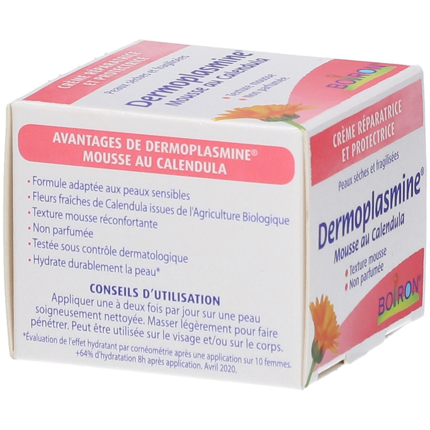 Boîte avec texte: Dermoplasmine® Mousse au Calendula. Avantages, conseils d'utilisation. Marque Boiron.