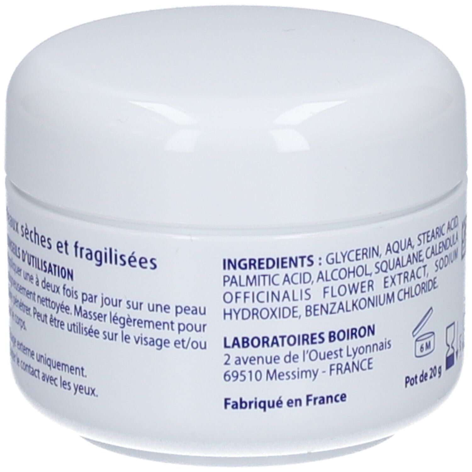 Dos du pot. Texte: Ingrédients, Laboratoires Boiron, fabriqué en France. 20g.