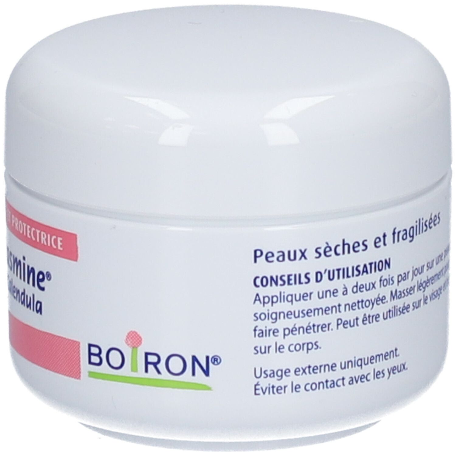 Pot blanc avec texte: Dermoplasmine® Mousse au Calendula. Marque Boiron. Pour peaux sèches et fragiles.