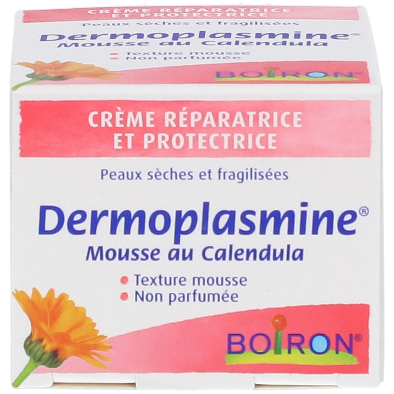 Boîte avec texte: Dermoplasmine® Mousse au Calendula. Marque Boiron. Pour peaux sèches et fragiles.